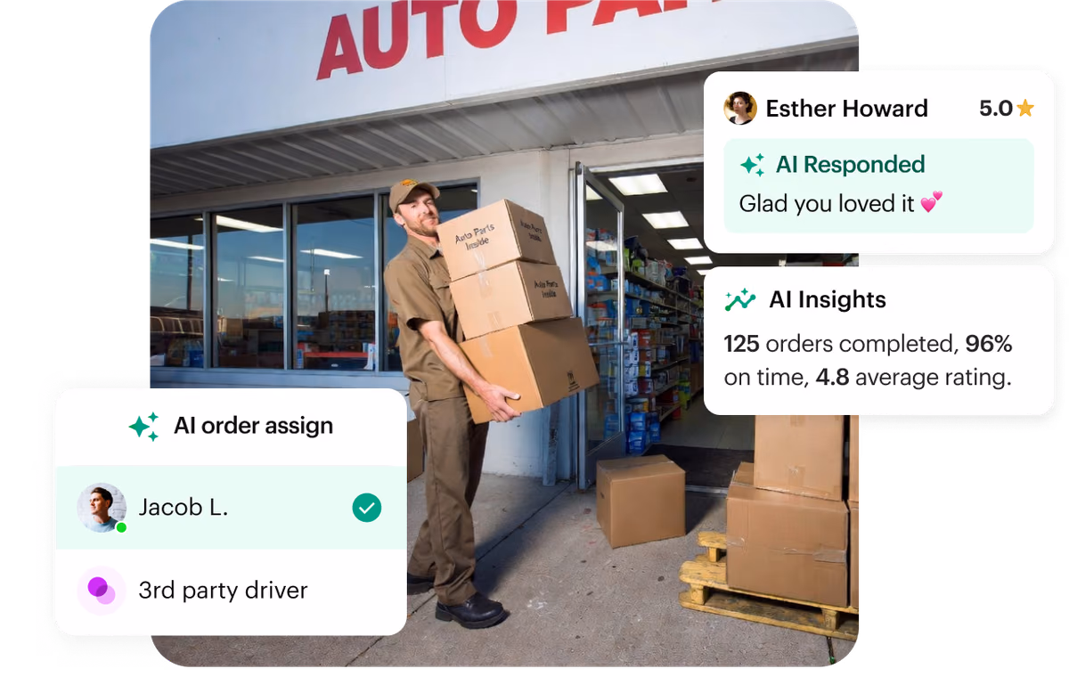 Auto-parts driver with a box, with Shipday order assignment and AI insights cards