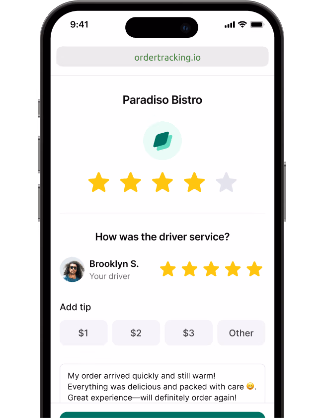 Shipday review request and feedback screens on a phone and a tablet