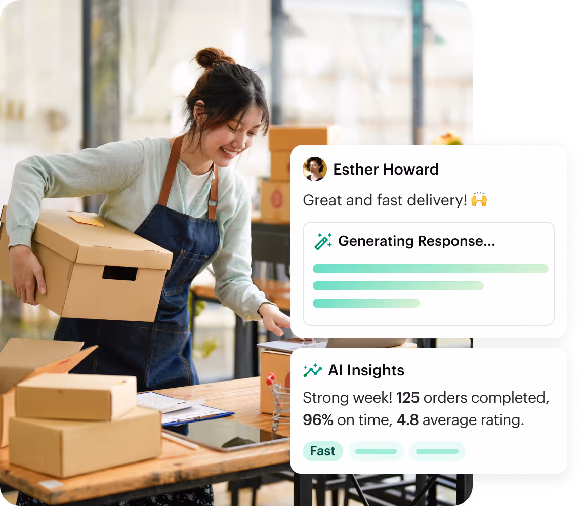 Shipday AI drafting a reply to a customer review and summarizing weekly delivery insights