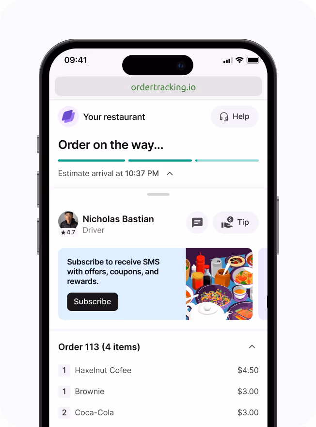 Tracking page with a promotional banner for a menu offer
