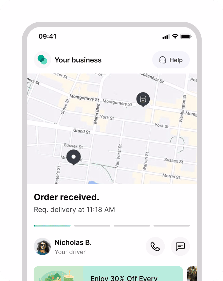 Customer tracking page with the driver on a live map