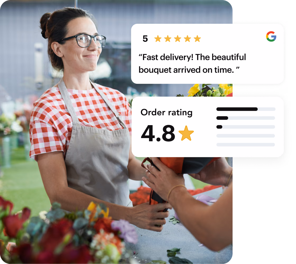Florist handing a bouquet to a smiling customer, with a 5-star Google review and a 4.8 order rating from Shipday