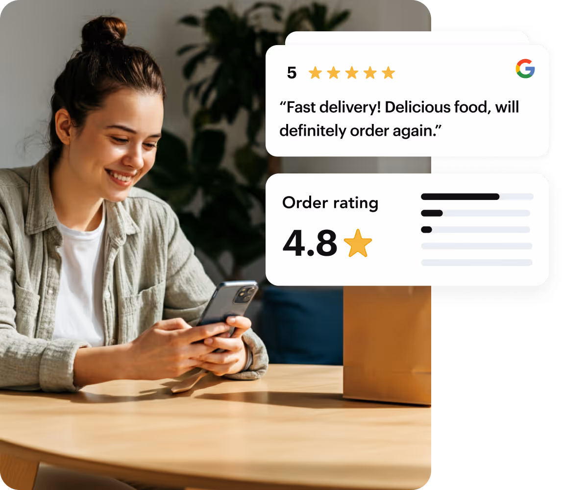 Customer leaving a 5-star Google review after her delivery
