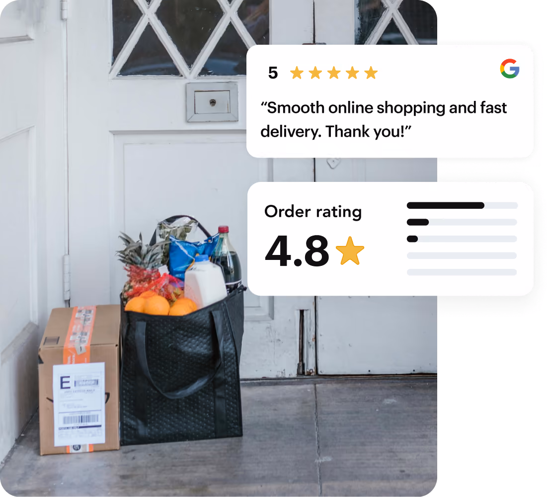 Grocery bag and package at a front door, with a 5-star Google review and a 4.8 order rating from Shipday