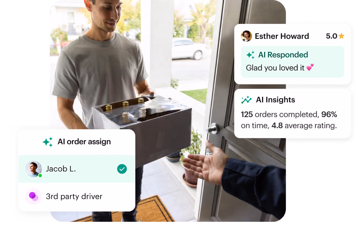 Driver handing over a boxed order at the door, with Shipday AI order assignment and AI insights