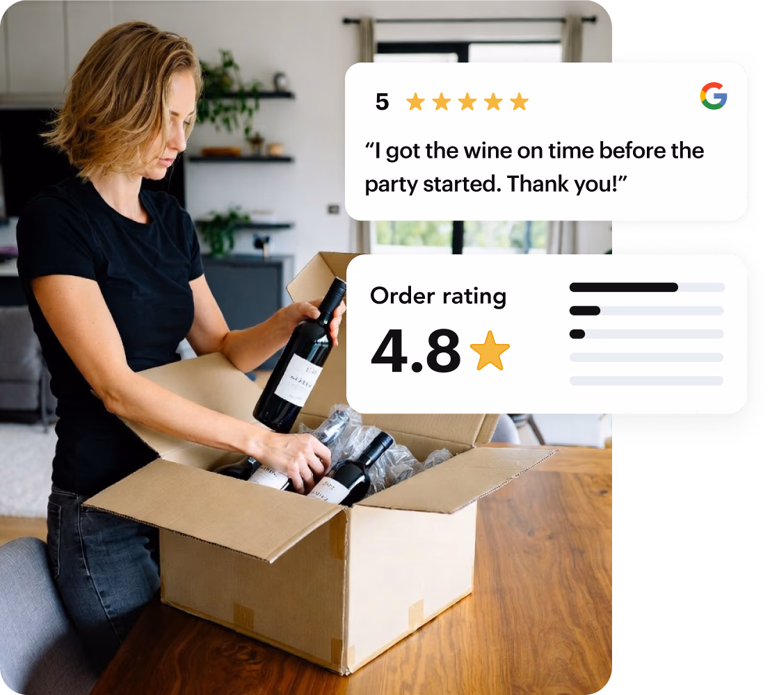 Woman unpacking a bottle of wine from a delivery box, with a 5-star Google review and a 4.8 order rating from Shipday