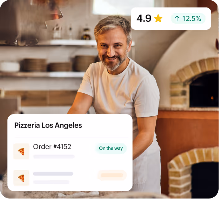 Pizzeria owner smiling in his kitchen next to Shipday cards showing a 4.9 rating and an order on the way