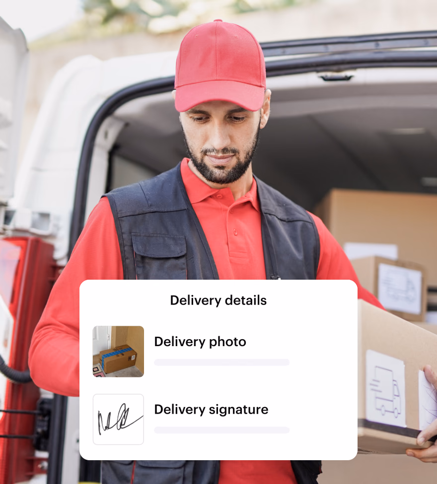 Driver unloading a package with the delivery photo and signature saved in Shipday