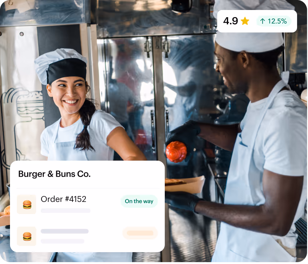 Restaurant cooks preparing an order while Shipday shows it as on the way