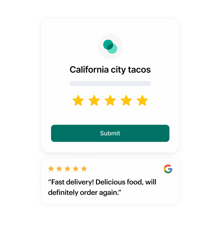 Rating request with five stars and a Google review reading Fast delivery! Delicious food, will definitely order again.