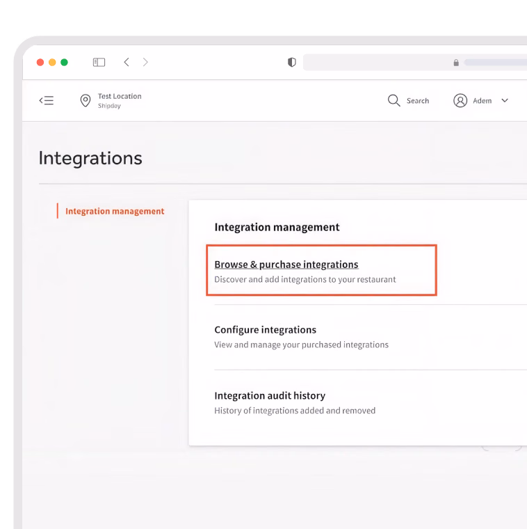 Toast admin Integrations page with Browse & purchase integrations highlighted