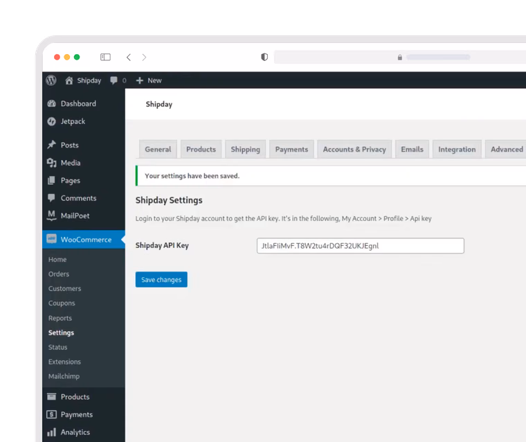 Shipday settings in WooCommerce with the API key field and a Save changes button