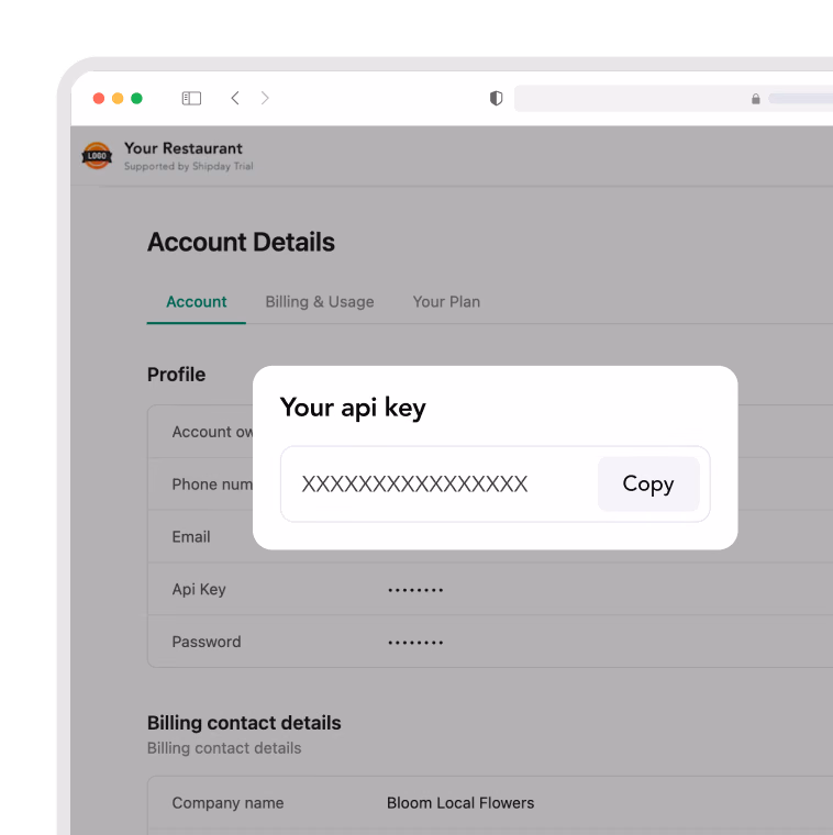Shipday account details page with the API key and a Copy button