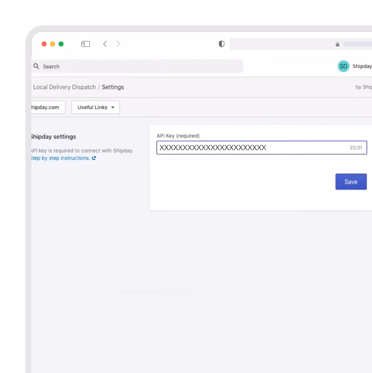 Shipday settings in Shopify with the API key field and a Save button
