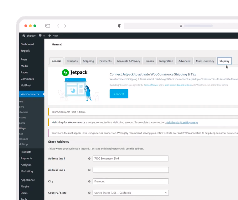 WooCommerce settings page with the Shipday tab highlighted